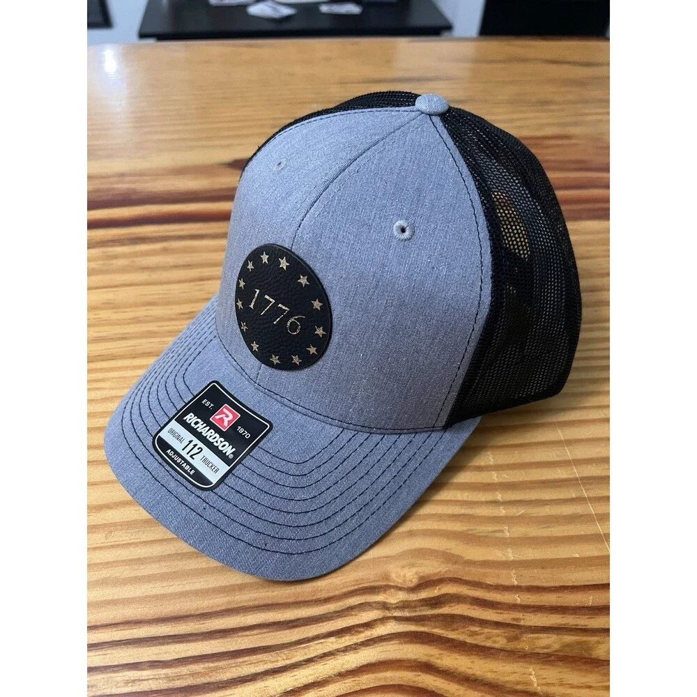 1776 Leather Patch Hat Richardson 112 Gray/Black ADJ Size NWT America 250 Cap